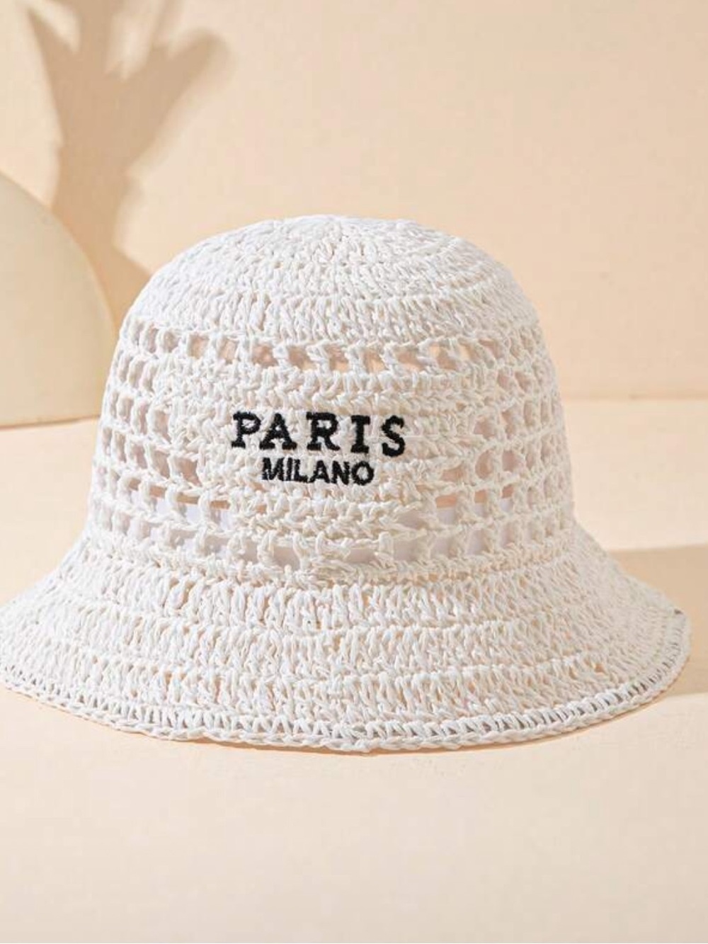New White Crochet Bucket Hat with "PARIS MILANO" Embroidery